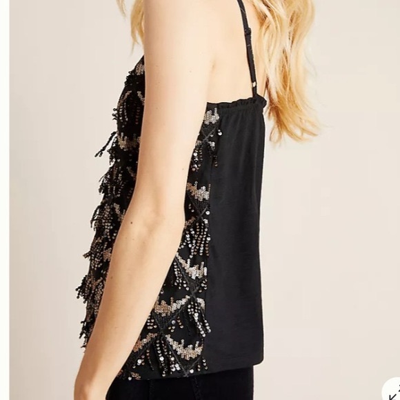 Anthropologie - Black Camisole Top with Gold Sequins Fringe - Picture 4 of 4